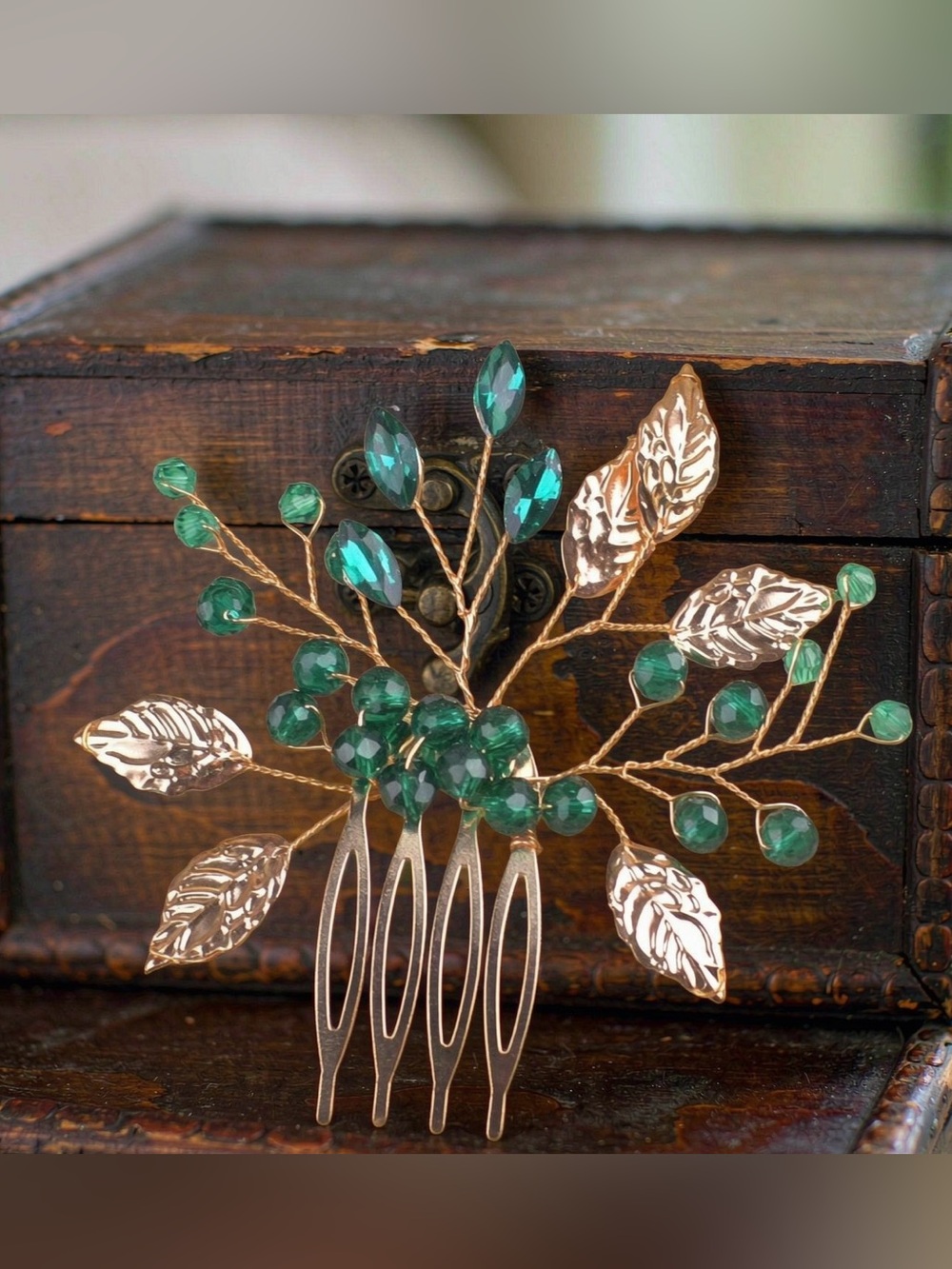 Anthropologie Gold Leaf Hair Comb with Emerald Crystals